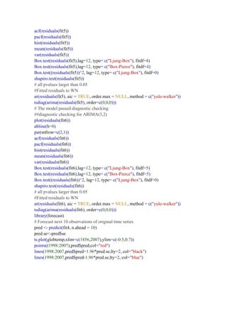 acf(residuals(fit5))
pacf(residuals(fit5))
hist(residuals(fit5))
mean(residuals(fit5))
var(residuals(fit5))
Box.test(residuals(fit5),lag=12, type= c("Ljung-Box"), fitdf=4)
Box.test(residuals(fit5),lag=12, type= c("Box-Pierce"), fitdf=4)
Box.test((residuals(fit5))^2, lag=12, type= c("Ljung-Box"), fitdf=0)
shapiro.test(residuals(fit5))
# all pvalues larger than 0.05
#Fitted residuals to WN
ar(residuals(fit5), aic = TRUE, order.max = NULL, method = c("yule-walker"))
tsdiag(arima(residuals(fit5), order=c(0,0,0)))
# The model passed diagnostic checking
##diagnostic checking for ARIMA(3,2)
plot(residuals(fit6))
abline(h=0)
par(mfrow=c(2,1))
acf(residuals(fit6))
pacf(residuals(fit6))
hist(residuals(fit6))
mean(residuals(fit6))
var(residuals(fit6))
Box.test(residuals(fit6),lag=12, type= c("Ljung-Box"), fitdf=5)
Box.test(residuals(fit6),lag=12, type= c("Box-Pierce"), fitdf=5)
Box.test((residuals(fit6))^2, lag=12, type= c("Ljung-Box"), fitdf=0)
shapiro.test(residuals(fit6))
# all pvalues larger than 0.05
#Fitted residuals to WN
ar(residuals(fit6), aic = TRUE, order.max = NULL, method = c("yule-walker"))
tsdiag(arima(residuals(fit6), order=c(0,0,0)))
library(forecast)
# Forecast next 10 observations of original time series
pred <- predict(fit4, n.ahead = 10)
pred.se<-pred$se
ts.plot(globtemp,xlim=c(1856,2007),ylim=c(-0.5,0.7))
points((1998:2007),pred$pred,col="red")
lines(1998:2007,pred$pred+1.96*pred.se,lty=2, col="black")
lines(1998:2007,pred$pred-1.96*pred.se,lty=2, col="blue")
 