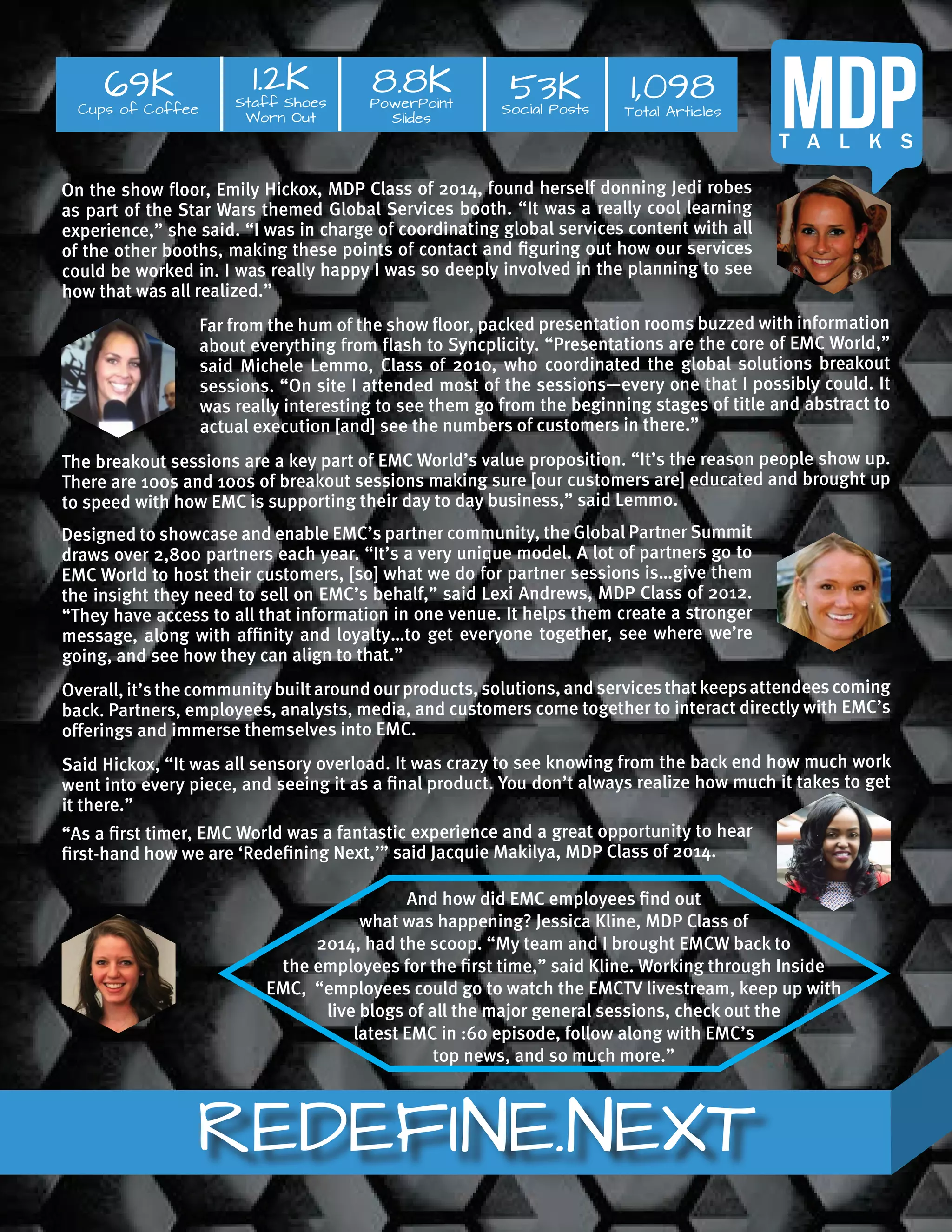 REDEFINE.NEXT
MDPT A L K S
1.2K
Staff Shoes
Worn Out
8.8K
PowerPoint
Slides
53KSocial Posts
69K
Cups of Coffee
1,098
Total Articles
On the show floor, Emily Hickox, MDP Class of 2014, found herself donning Jedi robes
as part of the Star Wars themed Global Services booth. “It was a really cool learning
experience,” she said. “I was in charge of coordinating global services content with all
of the other booths, making these points of contact and figuring out how our services
could be worked in. I was really happy I was so deeply involved in the planning to see
how that was all realized.”  
Far from the hum of the show floor, packed presentation rooms buzzed with information
about everything from flash to Syncplicity. “Presentations are the core of EMC World,”
said Michele Lemmo, Class of 2010, who coordinated the global solutions breakout
sessions. “On site I attended most of the sessions—every one that I possibly could. It
was really interesting to see them go from the beginning stages of title and abstract to
actual execution [and] see the numbers of customers in there.”
The breakout sessions are a key part of EMC World’s value proposition. “It’s the reason people show up.
There are 100s and 100s of breakout sessions making sure [our customers are] educated and brought up
to speed with how EMC is supporting their day to day business,” said Lemmo.
Designed to showcase and enable EMC’s partner community, the Global Partner Summit
draws over 2,800 partners each year. “It’s a very unique model. A lot of partners go to
EMC World to host their customers, [so] what we do for partner sessions is…give them
the insight they need to sell on EMC’s behalf,” said Lexi Andrews, MDP Class of 2012.
“They have access to all that information in one venue. It helps them create a stronger
message, along with affinity and loyalty…to get everyone together, see where we’re
going, and see how they can align to that.”
Overall, it’sthe communitybuiltaround our products, solutions, and servicesthatkeepsattendeescoming
back. Partners, employees, analysts, media, and customers come together to interact directly with EMC’s
offerings and immerse themselves into EMC.
Said Hickox, “It was all sensory overload. It was crazy to see knowing from the back end how much work
went into every piece, and seeing it as a final product. You don’t always realize how much it takes to get
it there.”
“As a first timer, EMC World was a fantastic experience and a great opportunity to hear
first-hand how we are ‘Redefining Next,’” said Jacquie Makilya, MDP Class of 2014.
And how did EMC employees find out
what was happening? Jessica Kline, MDP Class of
2014, had the scoop. “My team and I brought EMCW back to
the employees for the first time,” said Kline. Working through Inside
EMC, “employees could go to watch the EMCTV livestream, keep up with
live blogs of all the major general sessions, check out the
latest EMC in :60 episode, follow along with EMC’s
top news, and so much more.”
 