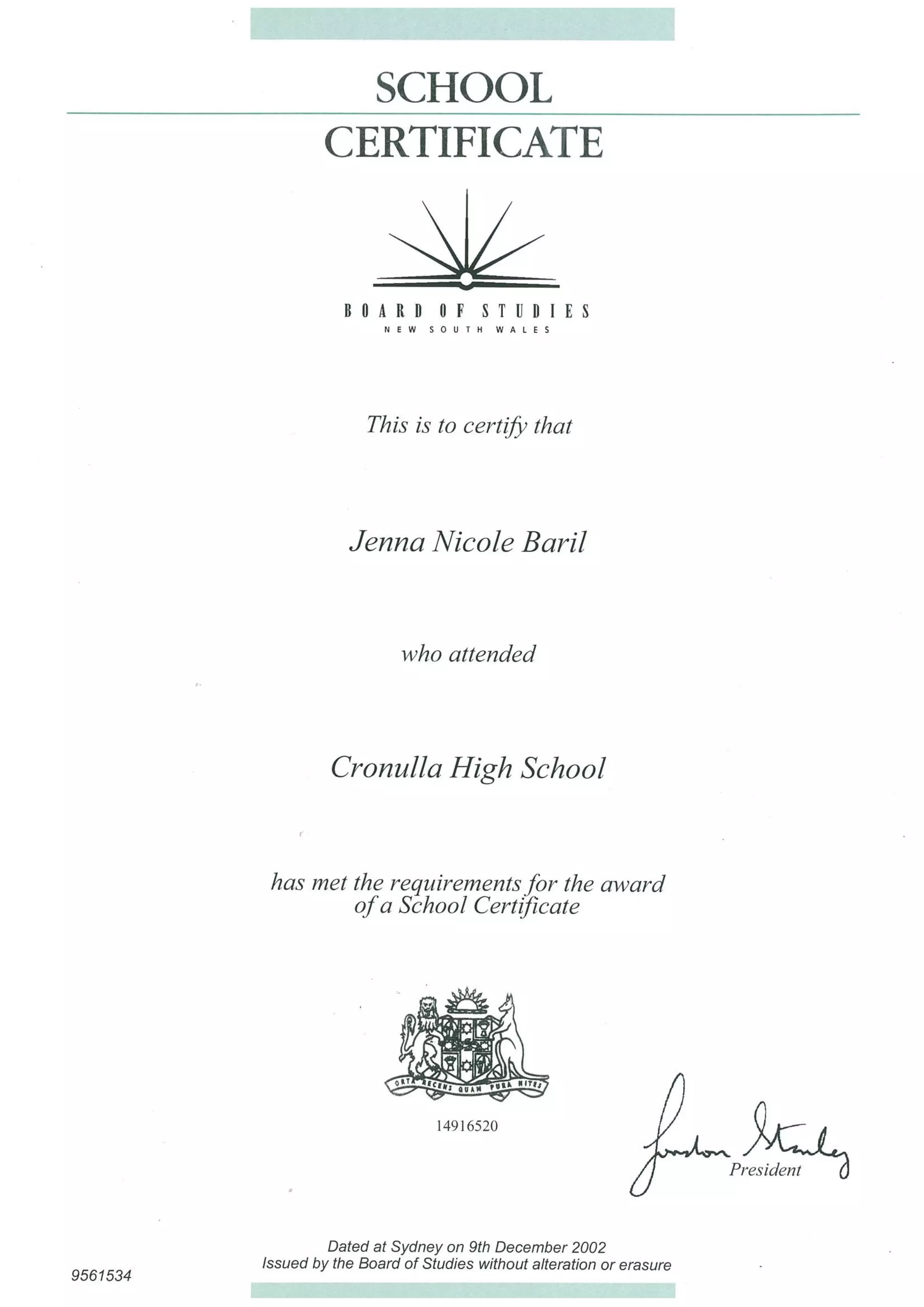 School Certificate - Cronulla High School | PDF
