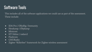 Software Tools
● IDA Pro / Ollydbg / Immunity
● Hexdump / Objdump
● Minicom
● HT Editor / radare2
● Flashrom
● GNURadio
● Zigbee “Killerbee” framework for Zigbee wireless assessment
This includes all of the software applications we could use as part of the assessment.
These include:
 