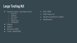 Large Testing Kit
● Laptop (spare, running Linux)
○ Flashrom
○ Radare2
○ HT Editor
○ Minicom
○ Saleae Logic
○ GNURadio
● Shikra
● Saleae
● Pomona 5250
● Total ~$465USD
● RTL-SDR
● DSO Nano v3
● Small screwdriver toolkit
● Multimeter
 