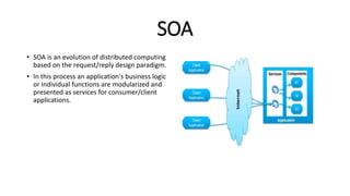 SOA
• SOA is an evolution of distributed computing
based on the request/reply design paradigm.
• In this process an application's business logic
or individual functions are modularized and
presented as services for consumer/client
applications.
 