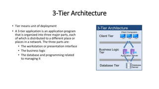 3-Tier Architecture
• Tier means unit of deployment
• A 3-tier application is an application program
that is organized into three major parts, each
of which is distributed to a different place or
places in a network. The three parts are:
• The workstation or presentation interface
• The business logic
• The database and programming related
to managing it
 