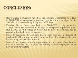 CONCLUSION:
 Raw Material Conversion Period for the company is increased by 6 days
in 2009-2010 as compared to previous year is not a good sign. But in
2010-211 it is decreased by 1 day and its 23 days.
 Finished Goods Conversion Period in 2008-2009 is highest which
81days which has increased by 33 days as compared to previous year.
But in 2009-2010 it reduce by 9 day but its more. So company has to
control in finished goods conversion.
 Since its beginning the company has to incur loss due to damage of
machine E-501 and due to which they had loss of production. So they
have to keep this machine in stock.
 Most of the employees in the organization are not aware about how to
use SAP software. So, 1st gives the training of their employees about
how to use SAP system.
 