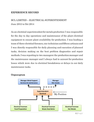 3 | P a g e
EXPERIENCE RECORD
BCL LIMITED – ELECTRICAL SUPERINTENDENT
June 2012 to Oct 2014
As an electrical superintendentfor metals production I was responsible
for the day to day operations and maintenance of the plant electrical
equipment to ensure plant availability for production. I was leading a
team of three electrical foremen,one technician and fifteen artisans and
I was directly responsible for daily planning and execution of planned
tasks, decision making on the best problem diagnostics and repair
methods.I was reporting to two managers;the production manager and
the maintenance manager and I always had to account for production
losses which were due to electrical breakdowns or delays in our daily
maintenance tasks.
Organogram
My Position
Manager Metal Support
Services & maintenance
Manager
Hot metals
Superintendent
Electrical
Electrical Foreman
Feed Preparation
Electrical Foreman
Waste Heat Boiler
Electrical Foreman
Hot Metals
 