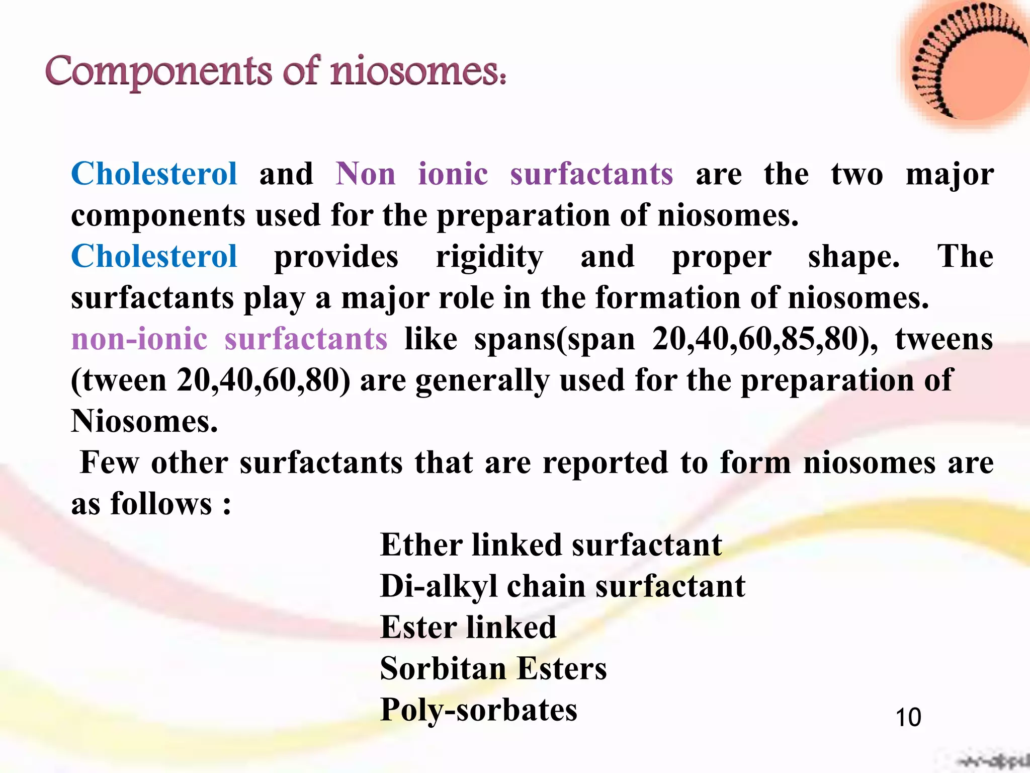 Cholesterol and Non ionic surfactants are the two major
components used for the preparation of niosomes.
Cholesterol provides rigidity and proper shape. The
surfactants play a major role in the formation of niosomes.
non-ionic surfactants like spans(span 20,40,60,85,80), tweens
(tween 20,40,60,80) are generally used for the preparation of
Niosomes.
Few other surfactants that are reported to form niosomes are
as follows :
Ether linked surfactant
Di-alkyl chain surfactant
Ester linked
Sorbitan Esters
Poly-sorbates
Components of niosomes:
10
 