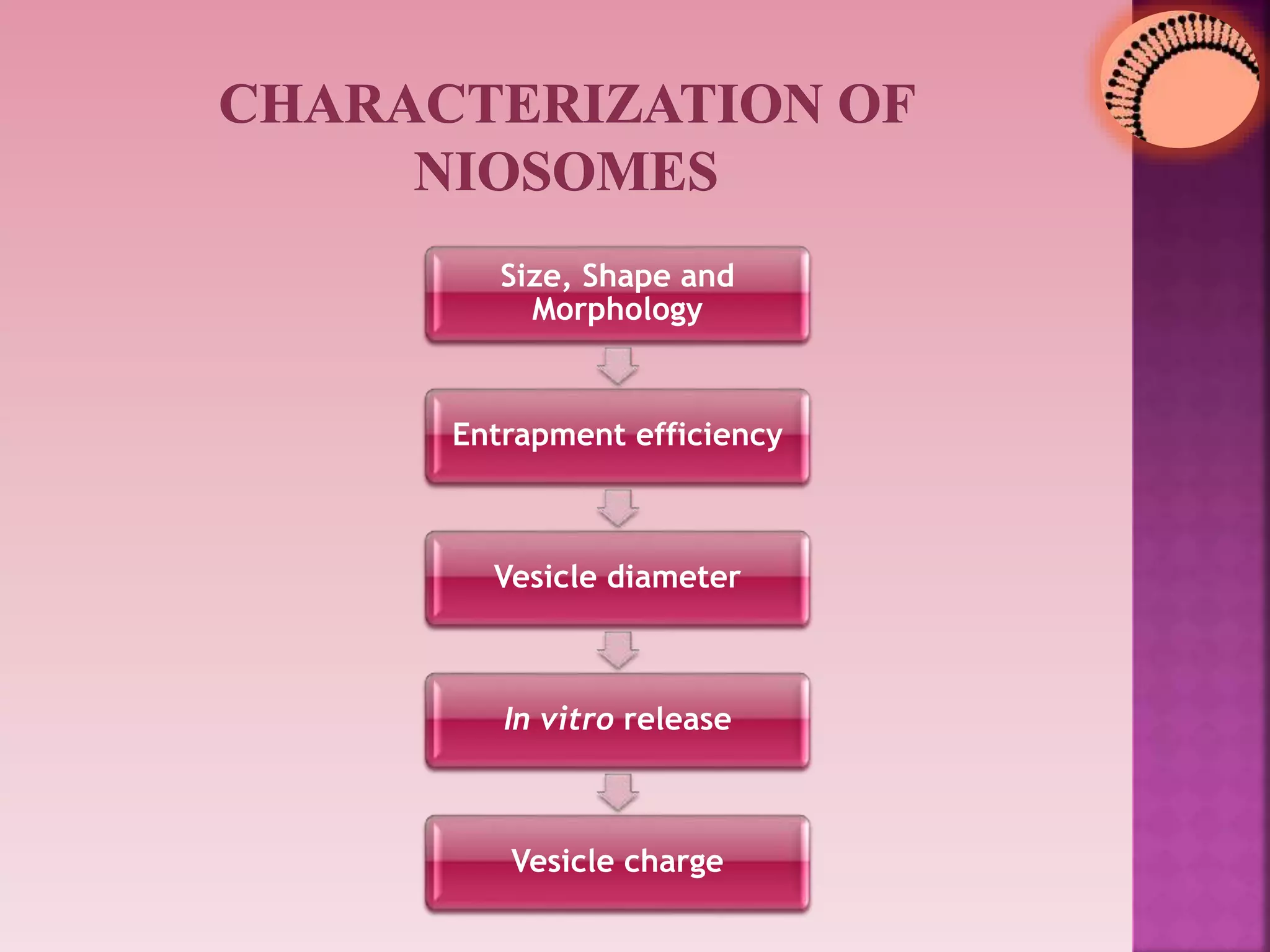 Size, Shape and
Morphology
Entrapment efficiency
Vesicle diameter
In vitro release
Vesicle charge
 