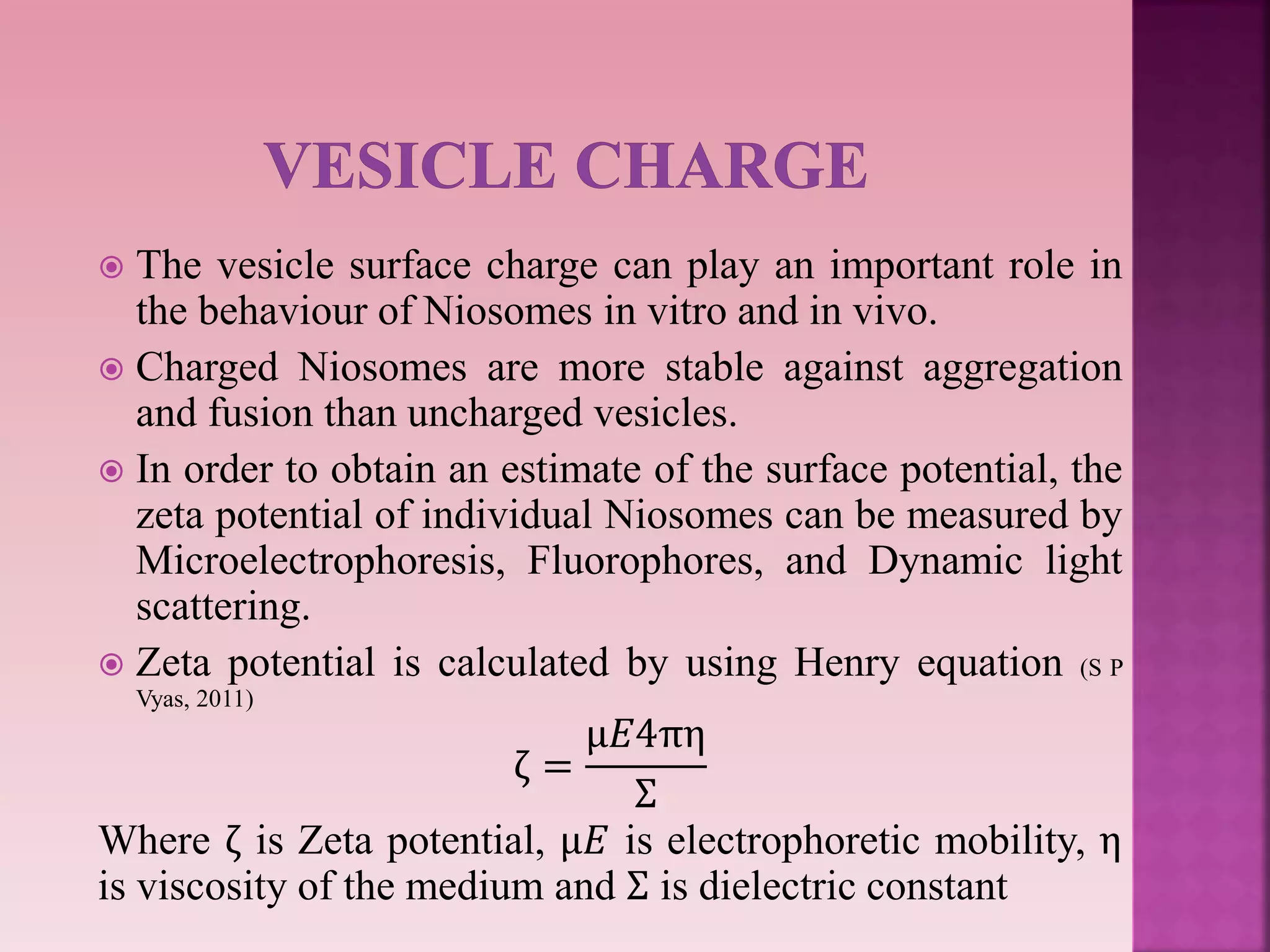  The vesicle surface charge can play an important role in
the behaviour of Niosomes in vitro and in vivo.
 Charged Niosomes are more stable against aggregation
and fusion than uncharged vesicles.
 In order to obtain an estimate of the surface potential, the
zeta potential of individual Niosomes can be measured by
Microelectrophoresis, Fluorophores, and Dynamic light
scattering.
 Zeta potential is calculated by using Henry equation (S P
Vyas, 2011)
ζ =
µ𝐸4πη
Σ
Where ζ is Zeta potential, µ𝐸 is electrophoretic mobility, η
is viscosity of the medium and Σ is dielectric constant
 