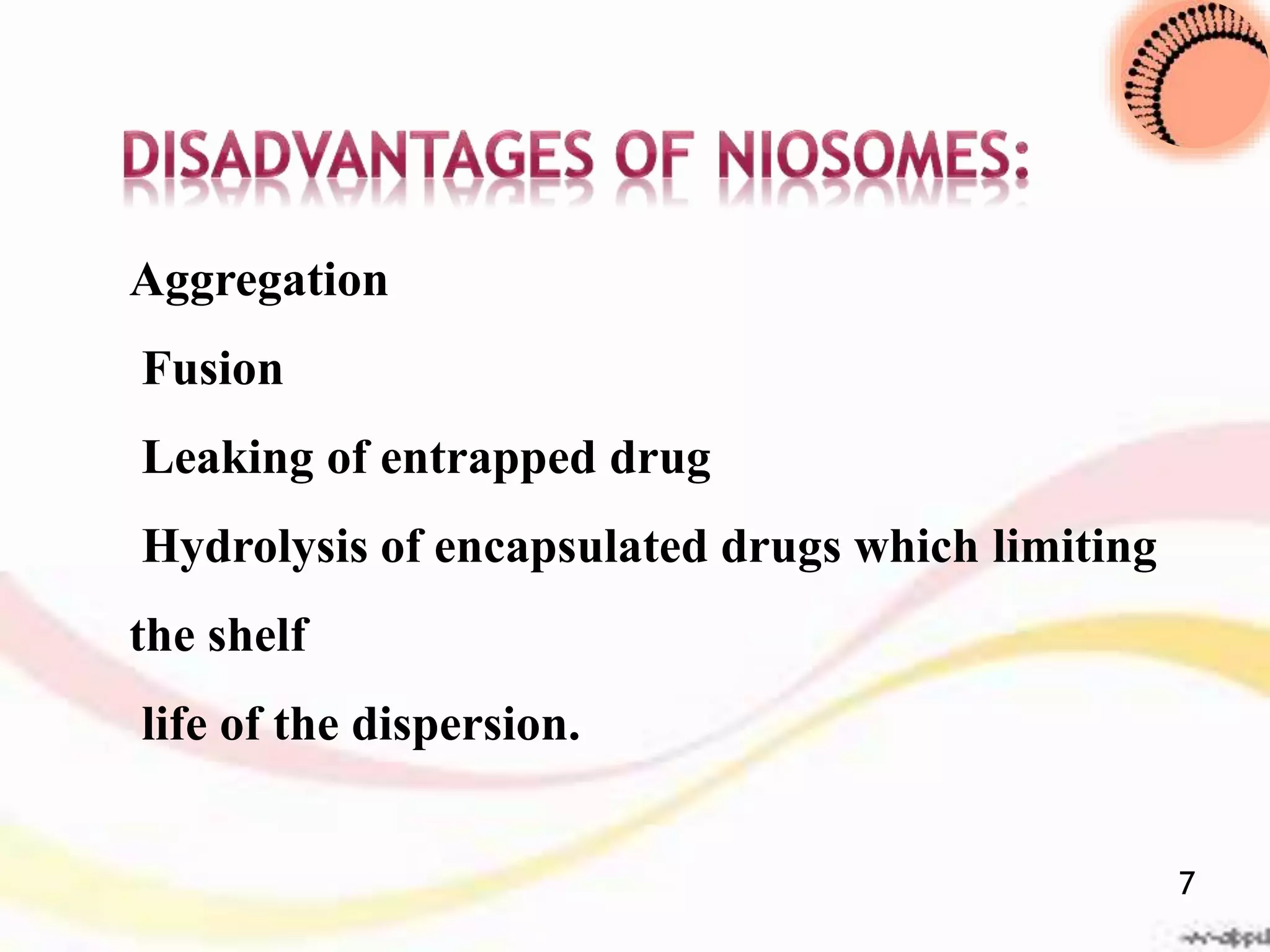 Aggregation
Fusion
Leaking of entrapped drug
Hydrolysis of encapsulated drugs which limiting
the shelf
life of the dispersion.
7
 