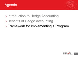 Agenda
o Introduction to Hedge Accounting
o Benefits of Hedge Accounting
o Framework for Implementing a Program
11
 