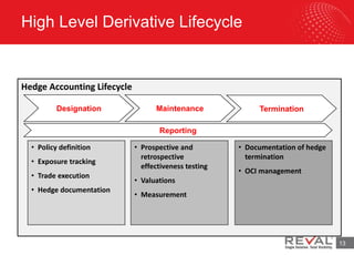 Hedge Accounting Lifecycle
High Level Derivative Lifecycle
13
Reporting
Designation Maintenance Termination
• Policy definition
• Exposure tracking
• Trade execution
• Hedge documentation
• Prospective and
retrospective
effectiveness testing
• Valuations
• Measurement
• Documentation of hedge
termination
• OCI management
 