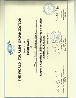 Gabriel David Gunesekere's Certificate UNWTO QTA 2