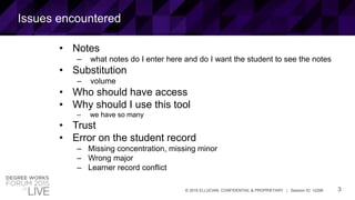 3© 2015 ELLUCIAN. CONFIDENTIAL & PROPRIETARY | Session ID: 12299
Issues encountered
• Notes
– what notes do I enter here and do I want the student to see the notes
• Substitution
– volume
• Who should have access
• Why should I use this tool
– we have so many
• Trust
• Error on the student record
– Missing concentration, missing minor
– Wrong major
– Learner record conflict
 