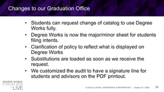 30© 2015 ELLUCIAN. CONFIDENTIAL & PROPRIETARY | Session ID: 12299
Changes to our Graduation Office
• Students can request change of catalog to use Degree
Works fully.
• Degree Works is now the major/minor sheet for students
filing intents.
• Clarification of policy to reflect what is displayed on
Degree Works
• Substitutions are loaded as soon as we receive the
request.
• We customized the audit to have a signature line for
students and advisors on the PDF printout.
 