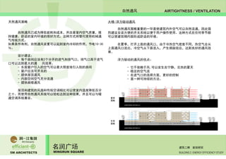 5M ARCHITECTS
名润广场
MINGRUN SQUARE BUILDING 2 ENERGY EFFICIENCY STUDY
建筑二期 能效研究
AIRTIGHTNESS / VENTILATION自然通风
天然通风策略
	 自然通风已成为降低能耗和成本，并改善室内空气质量，维
持健康、舒适的室内环境的很好方式。这种方式将替代使用机械通
气传统方式。
如果条件有利，自然通风装置可以起到室内冷却的作用，节电10-30
％。
	 设计建议：
	 - 每个房间应该有2个分开的进气和排气口，排气口高于进气
口可以达到最大的通 风效果。
	 - 东面窗户引入的空气可以最大限度地引入别的房间
	 - 窗户应该可开关的
	 - 提供屋顶通风
	 - 内部空间空气充分流通
	 - 提供阁楼通风
	 屋顶和建筑的风扇和传统空调相比可以使室内温度降低百分
之十。而使用自然通风系统可以轻松达到这种效果，并且可以与暖
通空调系统兼容。
大楼/浮力驱动通风
	 自然通风策略重要的一环是使建筑内外空气可以自然流通，因此强
烈建议安装方便的开关系统以便于用户操作使用。这种方式在任何季节都
可以使建筑物内部形成舒适的环境。
	 在夏季，打开上面的通风口，由于冷热空气密度不同，热空气会从
上面通风口流出，冷空气从下面流入，产生烟囱效应，达到良好的通风效
果。
	 浮力驱动的通风的优点：
		 - 它不依赖于风;可以发生在宁静，炎热的夏天
		 - 稳定的空气流
		 - 在进气口的选择方面，更好的控制
		 - 是一种可持续的方法。
冬季
策略
夏季
策略
 