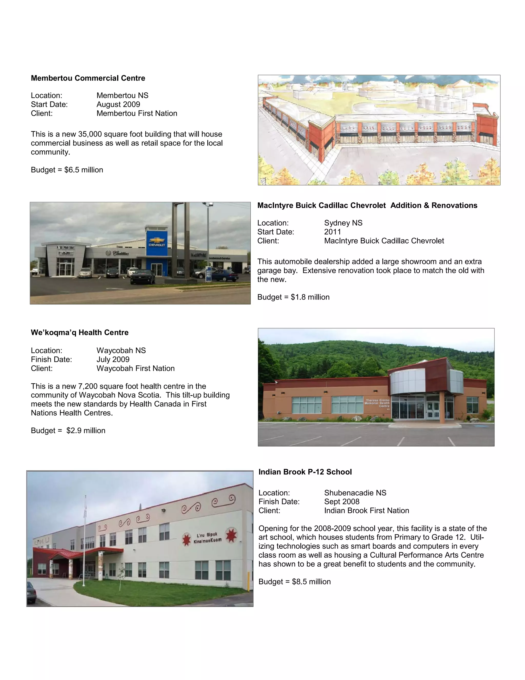 Membertou Commercial Centre
Location: Membertou NS
Start Date: August 2009
Client: Membertou First Nation
This is a new 35,000 square foot building that will house
commercial business as well as retail space for the local
community.
Budget = $6.5 million
MacIntyre Buick Cadillac Chevrolet Addition & Renovations
Location: Sydney NS
Start Date: 2011
Client: MacIntyre Buick Cadillac Chevrolet
This automobile dealership added a large showroom and an extra
garage bay. Extensive renovation took place to match the old with
the new.
Budget = $1.8 million
We’koqma’q Health Centre
Location: Waycobah NS
Finish Date: July 2009
Client: Waycobah First Nation
This is a new 7,200 square foot health centre in the
community of Waycobah Nova Scotia. This tilt-up building
meets the new standards by Health Canada in First
Nations Health Centres.
Budget = $2.9 million
Indian Brook P-12 School
Location: Shubenacadie NS
Finish Date: Sept 2008
Client: Indian Brook First Nation
Opening for the 2008-2009 school year, this facility is a state of the
art school, which houses students from Primary to Grade 12. Util-
izing technologies such as smart boards and computers in every
class room as well as housing a Cultural Performance Arts Centre
has shown to be a great benefit to students and the community.
Budget = $8.5 million
 