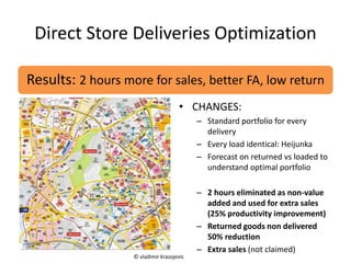 Direct Store Deliveries Optimization
Results: 2 hours more for sales, better FA, low return
• CHANGES:
– Standard portfolio for every
delivery
– Every load identical: Heijunka
– Forecast on returned vs loaded to
understand optimal portfolio
– 2 hours eliminated as non-value
added and used for extra sales
(25% productivity improvement)
– Returned goods non delivered
50% reduction
– Extra sales (not claimed)
© vladimir krasojevic
 
