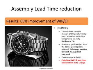 Assembly Lead Time reduction
Results: 65% improvement of WIP/LT
• CHANGES:
– Thermical test multiple
changes of temperature in 12
hours instead of stable high
temperature for 36 h;
Bottleneck: QA
– Release of good watches from
the batch: specific pieces
retained: Technology solution
for batch management
improved
– Process group activities
– Cash-flow (WIP) & lead time
reduced from 35 to 12 days
© vladimir krasojevic
 