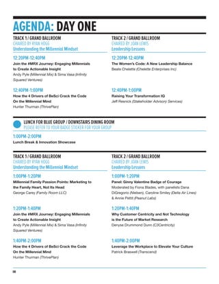 AGENDA: DAY ONE
12:20PM-12:40PM
Join the #MRX Journey: Engaging Millennials
to Create Actionable Insight
Andy Pyle (Millennial Mix) & Sima Vasa (Infinity
Squared Ventures)
12:40PM-1:00PM
How the 4 Drivers of BeSci Crack the Code
On the Millennial Mind
Hunter Thurman (ThrivePlan)
TRACK 1 / GRAND BALLROOM
CHAIRED BY RYAN HOGG
Understanding the Millennial Mindset
12:20PM-12:40PM
The Women’s Code: A New Leadership Balance
Beate Chelette (Chelette Enterprises Inc)
12:40PM-1:00PM
Raising Your Transformation IQ
Jeff Resnick (Stakeholder Advisory Services)
TRACK 2 / GRAND BALLROOM
CHAIRED BY JOAN LEWIS
Leadership Lessons
1:00PM-2:00PM
Lunch Break & Innovation Showcase
1:00PM-1:20PM
Millennial Family Passion Points: Marketing to
the Family Heart, Not Its Head
George Carey (Family Room LLC)
1:20PM-1:40PM
Join the #MRX Journey: Engaging Millennials
to Create Actionable Insight
Andy Pyle (Millennial Mix) & Sima Vasa (Infinity
Squared Ventures)
1:40PM-2:00PM
How the 4 Drivers of BeSci Crack the Code
On the Millennial Mind
Hunter Thurman (ThrivePlan)
TRACK 1 / GRAND BALLROOM
CHAIRED BY RYAN HOGG
Understanding the Millennial Mindset
1:00PM-1:20PM
Panel: Ginny Valentine Badge of Courage
Moderated by Fiona Blades, with panelists Dana
DiGregorio (Nielsen), Caroline Smiley (Delta Air Lines)
& Annie Pettit (Peanut Labs)
1:20PM-1:40PM
Why Customer Centricity and Not Technology
is the Future of Market Research
Denyse Drummond Dunn (C3Centricity)
1:40PM-2:00PM
Leverage the Workplace to Elevate Your Culture
Patrick Braswell (Transcend)
TRACK 2 / GRAND BALLROOM
CHAIRED BY JOAN LEWIS
Leadership Lessons
LUNCH FOR BLUE GROUP / DOWNSTAIRS DINING ROOM
PLEASE REFER TO YOUR BADGE STICKER FOR YOUR GROUP
08
 