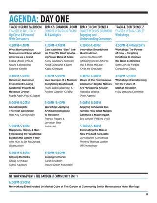AGENDA: DAY ONE
4:20PM-4:40PM
What Nonconscious
Measurement Says About
America as a Brand
Elissa Moses (IPSOS
Neuro & Behavioral
Science Center)
4:40PM-5:00PM
Return on Customer
Investment: Linking
Customer Insights to
Revenue Growth
Manila Austin, Ph.D (C Space)
5:00PM-5:20PM
Social Insights:
The Next Generation
Rob Key (Converseon)
5:20PM-5:40PM
Happiness, Hatred, & Hair:
Forecasting the Presidential
Election the System 1 Way
Alex Hunt & Jeff McDonald
(BrainJuicer)
5:40PM-5:50PM
Closing Remarks
Gregg Archibald
(Gen2 Advisors)
TRACK1/GRANDBALLROOM
CHAIRED BY WILL LEACH
Up Close & Personal
With Consumers
4:20PM-4:40PM
Can Machines “See” Bet-
ter Than We Can? Analyz-
ing Visual Data at Scale
Kelsy Saulsbury (Schwan
Food Company) & Sami
Kaipa (GlimpzIt)
4:40PM-5:00PM
Live Example of a Modern
Storytelling Dashboard
Rudy Nadilo (Dapresy) &
Andrew Cannon (GRBN)
5:00PM-5:40PM
Workshop: Applying
Artificial Intelligence
to Research
Patricio Pagani &
Jonathan Bear
(Infotools)
5:40PM-5:50PM
Closing Remarks
Sarah Snudden
(Keurig Green Mountain)
TRACK2/GRANDBALLROOM
CHAIRED BY PATRICIO PAGANI
AI & Analytics
4:20PM-4:40PM
Innovative Smartphone
Qual in Action
Jamie Shuttleworth
(McGarryBowen Advertis-
ing) & Ross McLean
(Over the Shoulder)
4:40PM-5:00PM
Dawn of the Promiscuous
Consumer: Digital Natives
Are “Shopping Around”
Rebecca Brooks
(Alter Agents)
5:00PM-5:20PM
Applying Behavioral Eco-
nomics: How Small Nudges
Can Have a Major Impact
Eric Singler (PRS IN VIVO)
5:20PM-5:40PM
Eliminating the Bias in
New Product Forecasts
John Barrett (Consensus
Point) & Thomas Juetten
(IRI Worldwide)
TRACK3/CONFERENCE4
CHAIREDBYDENYSEDRUMMOND
Engagingand
UnderstandingConsumers
4:00PM-4:40PM (CONT)
Workshop: The Power
of Now – Targeting
Emotions to Improve
the User Experience
Seth DeAvila (Forbes
Consulting Group)
4:40PM-5:40PM
Workshop: Brainstorming
for the Future of
Market Research
Holly DeMuro (Confirmit)
TRACK4/CONFERENCE2
CHAIRED BY DANA STANLEY
Workshops
NETWORKING EVENT / THE GARDEN AT COMMUNITY SMITH
6:00PM-8:00PM
Networking Event hosted by Market Cube at The Garden at Community Smith (Renaissance Hotel Rooftop)
11
 