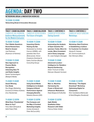AGENDA: DAY TWO
10:40AM-11:00AM
The 5 Media Questions
Brand Researchers
Need to Answer
Joel Rubinson
(Rubinson & Partners)
11:00AM-11:20AM
New Approach to
Passive Media
Recognition
Unlocking New TV
and Radio Insights
Daniel Tjondronegoro
(Beatgrid Media)
11:20AM-11:40AM
Award Winning
Cox Study
Rex Briggs (Marketing
Evolution) & Mollie Andrews
(Cox Residential)
11:40AM-12:00PM
What Does ‘Presidential’
Mean to You?
Parry Bedi (GlimpzIt) &
Adhil Patel (TNS)
TRACK1/GRANDBALLROOM
CHAIRED BY JOEL RUBINSON
Audience Measure(meant)
for the Modern Consumer
10:40AM-11:20AM
Impacting Clients:
Raising the Bar
Moderated by Andrew
Cannon (GRBN), with
panelists Alex Hunt
(BrainJuicer), Simon
Chadwick (Cambiar) &
Kathy Cochran (Boston
Consulting Group)
11:20AM-11:40AM
Using Social Media
Intelligence to Analyze
Category & Brand
Performance Against
Changing Benefits
Natasha Stevens (GfK)
11:40AM-12:00PM
The Compass and
the Map of Content
Marketing Insights
Andres Almeida &
Peter McCue (AOL)
TRACK2/GRANDBALLROOM
CHAIRED BY JEFFREY RESNICK
The Future of Insights
10:40AM-11:00AM
Automating the Analysis
of Open Question Re-
sponses: Faster, More Ac-
curate, More Consistent
and in Every Language
Dr. Jussi Karlgren (Gavagai)
11:00AM-11:20AM
Advanced Location
Intelligence for Retailers:
Beyond Geofencing
Artem Tinchurin & Nelly
Mamyan (Squawk Surveys)
11:20AM-11:40AM
Man vs. Machine:
Harnessing the
Power of Brand and
Influencer Motivations
Reed Berglund (Fullbottle)
11:40AM-12:00PM
Agile Mobile
Qualitative Video
Research with Vidlet
Patricia Roller (Vidlet)
TRACK3/CONFERENCE4
CHAIRED BY PETER ORBAN
Startup Summit
10:40AM-11:20AM
Workshop: Best Practices
in Establishing a Culture
for Customer Co-Creation
Allyssa B. Gresser
(KL Communications) &
Dan Womack (Aflac)
11:20AM-12:00PM
Workshop: “The Digital
Download” Workshop
Optimizing Digital for
Consumers
Rick Candelaria (MetrixLab)
& Nirali Bhagdev (Facebook)
TRACK4/CONFERENCE2
CHAIREDBYJACEEYSEBASTIAN
Workshops
NETWORKING BREAK & INNOVATION SHOWCASE
10:20AM-10:40AM
Networking Break & Innovation Showcase
14
 
