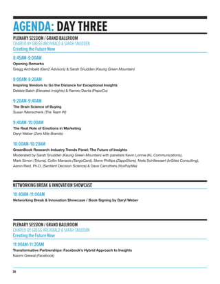 AGENDA: DAY THREE
8:45AM-9:00AM
Opening Remarks
Gregg Archibald (Gen2 Advisors) & Sarah Snudden (Keurig Green Mountain)
9:00AM-9:20AM
Inspiring Vendors to Go the Distance for Exceptional Insights
Debbie Balch (Elevated Insights) & Ramiro Davila (PepsiCo)
9:20AM-9:40AM
The Brain Science of Buying
Susan Weinschenk (The Team W)
9:40AM-10:00AM
The Real Role of Emotions in Marketing
Daryl Weber (Zero Mile Brands)
10:00AM-10:20AM
GreenBook Research Industry Trends Panel: The Future of Insights
Moderated by Sarah Snudden (Keurig Green Mountain) with panelists Kevin Lonnie (KL Communications),
Mark Simon (Toluna), Collin Manaois (TangoCard), Steve Phillips (ZappiStore), Niels Schillewaert (InSites Consulting),
Aaron Reid, Ph.D. (Sentient Decision Science) & Dave Carruthers (VoxPopMe)
PLENARY SESSION / GRAND BALLROOM
CHAIRED BY GREGG ARCHIBALD & SARAH SNUDDEN
Creating the Future Now
NETWORKING BREAK & INNOVATION SHOWCASE
10:40AM-11:00AM
Networking Break & Innovation Showcase / Book Signing by Daryl Weber
11:00AM-11:20AM
Transformative Partnerships: Facebook’s Hybrid Approach to Insights
Naomi Grewal (Facebook)
PLENARY SESSION / GRAND BALLROOM
CHAIRED BY GREGG ARCHIBALD & SARAH SNUDDEN
Creating the Future Now
20
 