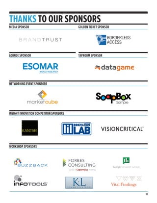 MEDIA SPONSOR
THANKS TO OUR SPONSORS
INSIGHT INNOVATION COMPETITON SPONSORS
GOLDEN TICKET SPONSOR
LOUNGE SPONSOR TAPROOM SPONSOR
WORKSHOP SPONSORS
23
NETWORKING EVENT SPONSORS
 
