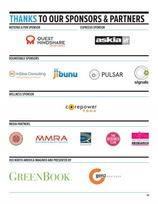 IIEX NORTH AMERICA IMAGINED AND PRESENTED BY
25
THANKS TO OUR SPONSORS & PARTNERS
QUALITATIVE RESEARCH
CONSULTANTS ASSOCIATION
MEDIA PARTNERS
NOTEPAD & PEN SPONSOR
ROUNDTABLE SPONSORS
ESPRESSO SPONSOR
WELLNESS SPONSOR
 