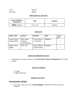 Tools : Matlab
Database : MySql
PROFESSIONAL TRAINING
Name of Institute /
Organization
Title Duration
HPES, Kolkata Core Java 28 days
PROJECTS
Project Title Sponsor Duration Role Team
Size
External Drive
Tracker(EDT)
HPE Nodal
Training
Centre,Kolkata.
14-Jun-2016 to
13-Jul-2016
Member
3
Water Level
Alarm
NIT, AP 1-Nov-2015 to
10-Nov-2015
Student
1
SEMINAR/ WORKSHOP DETAILS
• Participated on one-day Awareness cum Mock Drill on Disaster Management 2015 at NIT
campus
AREA OF INTEREST
1. Coding.
2. Digital Electronics
PERSONAL DETAILS
Extra-Curricular Activities:
• Securing 1st place in event Circuit Design at Addovedi’15,NIT Arunachal
Pradesh
 