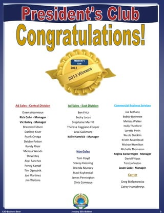 CAO Business Beat January 2014 Edition 3
Commercial Business Services
Joe Bethany
Bobby Bonnette
Melissa Walker
Holly Thedford
Loretta Perin
Nicole Stricklin
Kristin Muehlbrad
Michael Hamilton
Michelle Thomason
Regina Swearengen - Manager
David Phipps
Terri Johnston
Jason Coke - Manager
Ad Sales - East Division
Ben Fritz
Becky Lucas
Stephanie Merritt
Theresa Caggiano-Cooper
Lesa Gallimore
Kelly Hamrick - Manager
Ad Sales - Central Division
Dawn Arceneaux
Rick Cohn - Manager
Vic Bailey - Manager
Brandon Eidson
Darlene Kiser
Frank Ortega
Debbie Patton
Randy Phair
Melissa Woods
Steve Ray
Abel Sanchez
Penny Kampf
Tim Ogrodnik
Joe Martinez
Jim Watkins
Carrier
Greg Bielamowicz
Corey Humphreys
Non-Sales
Tom Floyd
Stacey Kiessling
Brenda Munsey
Staci Kuykendall
James Pennington
Chris Comeaux
 