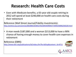 Research: Health Care Costs
• Even with Medicare benefits, a 65-year old couple retiring in
2012 will spend at least $240,...
