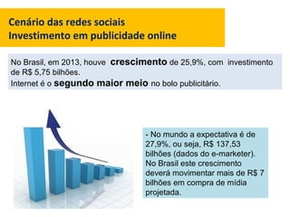 Cenário das redes sociais
Investimento em publicidade online
http://www.comscore.com/
Por veículo (display ads)
 