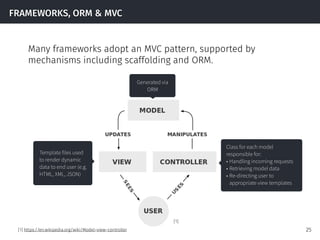 FRAMEWORKS, ORM & MVC
Many frameworks adopt an MVC pattern, supported by
mechanisms including scaffolding and ORM.
25
Gene...