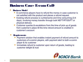 5
Business Case- E-comCoD
 Business Model
 E-commerce players have to refund the money in case customer is
not satisfied with the product and places a refund request
 Existing refund process is cumbersome and time consuming (3-4
days), involving money transfer through bulk NEFT/RTGS/FT or
physical delivery
 Customer queries & escalations from the time of pick up of goods
from customer’s place till the time refund amount is credited in
customer’s account
 Requirements
 Payment solution that enables instant payment of refund amount to
customers of e-comm players, with payment alert to both e-comm
player & its customer
 Immediate refund to customer upon return of goods, leading to
customer delight & trust
 