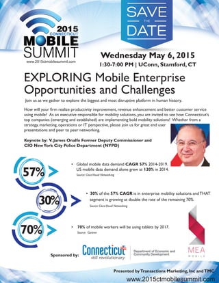 EXPLORING Mobile Enterprise
Opportunities and Challenges
Join us as we gather to explore the biggest and most disruptive platform in human history.
How will your firm realize productivity improvement, revenue enhancement and better customer service
using mobile? As an executive responsible for mobility solutions, you are invited to see how Connecticut's
top companies (emerging and established) are implementing bold mobility solutions! Whether from a
strategy, marketing, operations or IT perspective, please join us for great end user
presentations and peer to peer networking.
Keynote by: V. James Onalfo Former Deputy Commissioner and
CIO NewYork City Police Department (NYPD)
• Global mobile data demand CAGR 57% 2014-2019.
US mobile data demand alone grew at 120% in 2014.
Source: CiscoVisual Networking
• 30% of the 57% CAGR is in enterprise mobility solutions and THAT
segment is growing at double the rate of the remaining 70%.
Source: CiscoVisual Networking
• 70% of mobile workers will be using tablets by 2017.
Source: Gartner
Wednesday May 6, 2015
1:30-7:00 PM | UConn, Stamford, CT
57%
30%
70%
Sponsored by:
www.2015ctmobilesummit.com
www.2015ctmobilesummit.com
Presented byTransactions Marketing, Inc andTMC
 