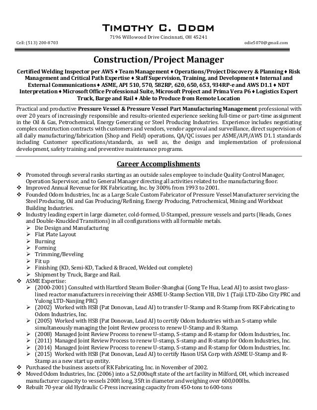 Construction project manager resume profile