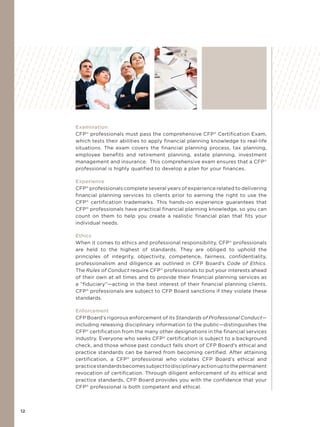12
Examination
CFP®
professionals must pass the comprehensive CFP®
Certification Exam,
which tests their abilities to apply financial planning knowledge to real-life
situations. The exam covers the financial planning process, tax planning,
employee benefits and retirement planning, estate planning, investment
management and insurance. This comprehensive exam ensures that a CFP®
professional is highly qualified to develop a plan for your finances.
Experience
CFP®
professionals complete several years of experience related to delivering
financial planning services to clients prior to earning the right to use the
CFP®
certification trademarks. This hands-on experience guarantees that
CFP®
professionals have practical financial planning knowledge, so you can
count on them to help you create a realistic financial plan that fits your
individual needs.
Ethics
When it comes to ethics and professional responsibility, CFP®
professionals
are held to the highest of standards. They are obliged to uphold the
principles of integrity, objectivity, competence, fairness, confidentiality,
professionalism and diligence as outlined in CFP Board’s Code of Ethics.
The Rules of Conduct require CFP®
professionals to put your interests ahead
of their own at all times and to provide their financial planning services as
a “fiduciary”—acting in the best interest of their financial planning clients.
CFP®
professionals are subject to CFP Board sanctions if they violate these
standards.
Enforcement
CFP Board’s rigorous enforcement of its Standards of Professional Conduct—
including releasing disciplinary information to the public—distinguishes the
CFP®
certification from the many other designations in the financial services
industry. Everyone who seeks CFP®
certification is subject to a background
check, and those whose past conduct falls short of CFP Board’s ethical and
practice standards can be barred from becoming certified. After attaining
certification, a CFP®
professional who violates CFP Board’s ethical and
practicestandardsbecomessubjecttodisciplinaryactionuptothepermanent
revocation of certification. Through diligent enforcement of its ethical and
practice standards, CFP Board provides you with the confidence that your
CFP®
professional is both competent and ethical.
 