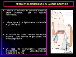 RECOMENDACIONES PARA EL LAVADO GASTRICO

   Colocar el paciente en posición decúbito
    lateral izquierdo,    con las rodillas
    flexionadas.


   Utilizar agua tibia, ligeramente salinizada
    (4 g/L de agua)



   En estado de coma, realizar intubación
    traqueal para reducir la posibilidad de
    broncoaspiración.



   En caso de convulsiones, controlar
    previamente    con Benzodiazepinas
    (diazepam 5-10 mg)
 