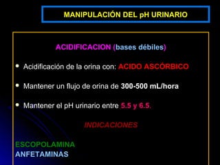 MANIPULACIÓN DEL pH URINARIO



              ACIDIFICACION (bases débiles)

   Acidificación de la orina con: ACIDO ASCÓRBICO

   Mantener un flujo de orina de 300-500 mL/hora

   Mantener el pH urinario entre 5.5 y 6.5.

                      INDICACIONES

ESCOPOLAMINA
ANFETAMINAS
 