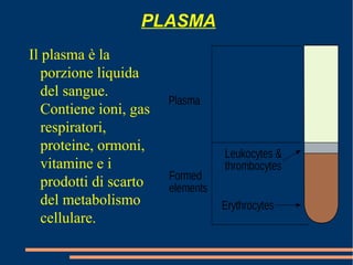 PLASMA
Il plasma è la
porzione liquida
del sangue.
Contiene ioni, gas
respiratori,
proteine, ormoni,
vitamine e i
prodotti di scarto
del metabolismo
cellulare.
 