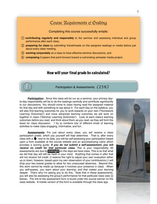 !3
How will your final grade be calculated?
Participation: Since this class will be run as a seminar, your primary day-
to-day responsibility will be to do the readings carefully and contribute signiﬁcantly
to our discussions. You should come to class having read the assigned material
for that day and with something to say about it. For each day on the syllabus, you
will also ﬁnd learning outcomes for you to work towards on your own (“Homework
Learning Outcomes”) and more advanced learning outcomes we will work on
together in class (“Seminar Learning Outcomes”). Look at each class’s learning
outcomes before you read, and think about them as you read; as they will form the
basis for class discussion. I try to combine lots of different kinds of learning
activities to make class engaging, informative, and fun.
Assessments: For just about every class, you will receive a class
participation grade, which you yourself will help determine. That is, after every
class with a next to its date, you will be self-assessing your participation based
upon a form available at the course website and an accompanying rubric which
provides a scoring guide. If you do not submit a self-assessment, you will
receive no credit for that particular class. This is your responsibility. All
assessments are due by midnight on the days we have class. This is so that what
we did that day will still be fresh in your mind. Anything that comes in after that
will not receive full credit. (I reserve the right to adjust your own evaluation either
up or down, however, based upon my own observation of your contributions.) I will
drop your two lowest grades to allow for two unexcused absences. Beyond this,
this work cannot be made up because it involves your presence in class. When
you self-assess, you learn about your learning; and that makes your learning
deeper. That’s why I’m asking you to do this. Note that in these assessments,
you will also be assessing the group’s performance for that particular class (see c
below). The link to the assessment form is found under the course banner on the
class website. A mobile version of this form is available through the class app.
Participation & Assessments (25%)
Course Requirements & Grading
Completing this course successfully entails:
a contributing regularly and responsibly to the seminar and assessing individual and group
performance after each class,
b preparing for class by submitting Voicethreads on the assigned readings or media before just
about every class meeting,
c working corporately as a class to have effective seminar discussions, and
d composing 2 papers that point forward toward a culminating semester media project.
midnight
 