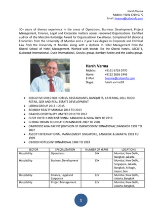 Harsh Varma
Mobile:+9191 6719 0770
Email:hvarma@csloxinfo.com
1
30+ years of diverse experience in the areas of Operations, Business Development, Project
Management, Finance, Legal and Corporate matters across renowned Organizations. Certified
auditor of the Malcolm Baldridge Award for Organizational Excellence. Completed BA (honors)
Economics from the University of Mumbai and a 2 year Law degree in Corporate and Criminal
Law from the University of Mumbai along with a diploma in Hotel Management from the
Oberoi School of Hotel Management. Worked with brands like the Oberoi Hotels, ASCOTT,
Oakwood International, Dusit International, Graviss group, Bombay Realty and the Lodha group.
Harsh Varma
Mobile: +9191 6719 0770
Home: +9122 2636 2446
E-Mail hvarma@csloxinfo.com
Skype: harsh.varma18
 EXECUTIVE DIRECTOR HOTELS, RESTAURANTS, BANQUETS, CATERING, DELI, FOOD
RETAIL, QSR AND REAL ESTATE DEVELOPMENT
 LODHA GROUP 2013 – 2015
 BOMBAY REALTY MUMBAI 2012 TO 2013
 GRAVISS HOSPITALITY LIMITED 2010 TO 2012
 DUSIT HOTELS INTERNATIONAL BANGKOK & INDIA 2009 TO 2010
 GLOBAL INDIAN FOUNDATION BANGKOK 2007 TO 2008
 OAKWOOD ASIA PACIFIC (DIVISION OF OAKWOOD INTERNATIONAL) BANGKOK 1999 TO
2007
 ASCOTT INTERNATIONAL MANAGEMENT SINGAPORE, BANGKOK & JAKARTA 1993 TO
1999
 OBEROI HOTELS INTERNATIONAL 1984 TO 1993
SECTOR SPECIALIZATION NUMBER OF YEARS LOCATIONS
Hospitality Operations 24+ Mumbai,New Delhi,
Bangkok,Jakarta
Hospitality BusinessDevelopment 15+ Mumbai,New Delhi,
Singapore,Jakarta,
Bangkok,Alibagh,
Jaipur,Goa
Hospitality Finance,Legal and
Corporate
12+ Mumbai,New Delhi,
Jakarta,Bangkok
Hospitality ProjectManagement 12+ Mumbai,New Delhi,
Jakarta,Bangkok,
 