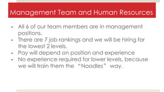 Management Team and Human Resources
- All 6 of our team members are in management
positions.
- There are 7 job rankings and we will be hiring for
the lowest 2 levels.
- Pay will depend on position and experience
- No experience required for lower levels, because
we will train them the “Noodles” way.
 