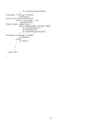 15
pi.calibrated_sensor(data);
}
//Increment "crossings" variable
crossings++;
//Action for fourth intersection
}else if (crossings == 3){
wait(waittime);
//Outer sensors detect black
while (data[0]>300 || data[4]> 300){
pi.right_motor(0.2);
pi.left_motor(0);
pi.calibrated_sensor(data);
}
//Increment "crossings" variable
crossings++;
}else{
pi.stop();
}
}
}
return (0);
}
 
