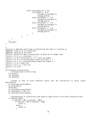 28
}else if(storage_unit == 4){
if(input[0] == '0'){
storage4_to_storage0 ();
storage_unit=0;
}else if(input[0] == '1'){
storage4_to_storage1 ();
storage_unit=1;
}else if(input[0] == '2'){
storage4_to_storage2 ();
storage_unit=2;
}else if(input[0] == '3'){
storage4_to_storage3 ();
storage_unit=3;
}
}
}
}
}
return(0);
}
/*
*Function to determine which type of intersection the robot is currently at
*REQUIRES: robot is at an intersection
*MODIFIES: position of the robot
*EFFECTS: returns the type of intersection as given by an integer code:
*returns 1 if it is a crossroad ( -|- )
*returns 2 if the intersection is a "T" (left and right)
*returns 3 if it is crossroad going forward and left( -| )
*returns 4 if it is a crossroad going forward and right( |- )
*returns 5 if is a right turn
*returns 6 if it is a left turn
*returns 7 if error
*/
int determine_intersection(){
//initialization of data arrays
int data[5];
int data1[5];
int data2[5];
//intake of data at three different points over the intersection to ensure proper
determination
pi.calibrated_sensor(data);
pi.forward(0.2);
wait(0.05);
pi.calibrated_sensor(data1);
pi.slowstop(0.2, 0.05, 4);
pi.calibrated_sensor(data2);
//determination of intersection type based on light values of the three collected arrays
if (data2[2]>400){
if (data[0] > 400 || data1[0] > 400){
if (data[4] > 400 || data1[4] > 400){
return 1;
}else {
return 3;
}
 
