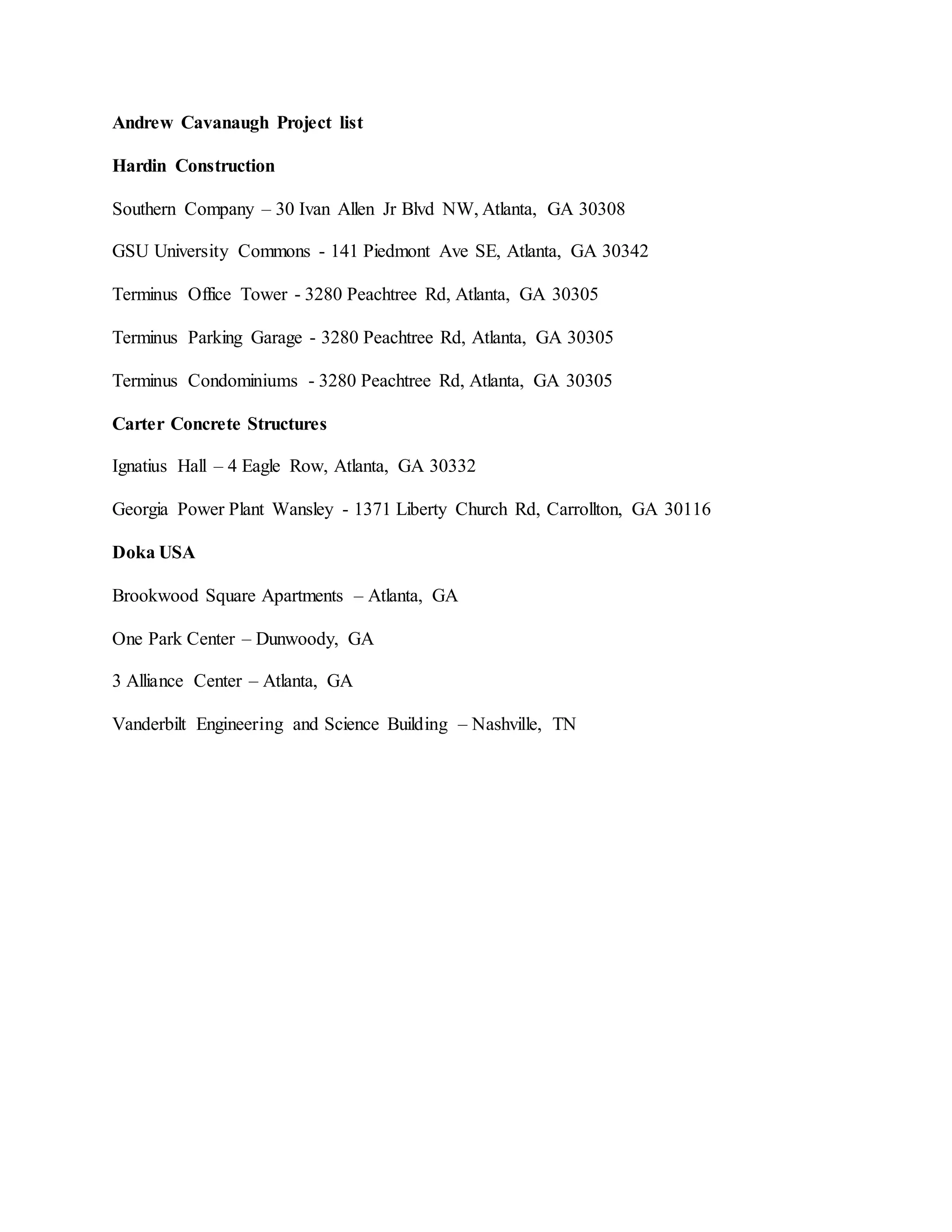 Andrew Cavanaugh Project list | DOCX