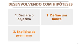 DESENVOLVENDO COM HIPÓTESES
22
1. Declara o
objetivo
2. Define um
limite
3. Explicita as
premissas
 