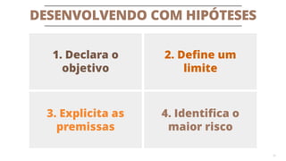 DESENVOLVENDO COM HIPÓTESES
23
1. Declara o
objetivo
2. Define um
limite
3. Explicita as
premissas
4. Identifica o
maior risco
 