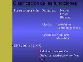 Clasificación de las fundiciones

Por su composición: Ordinarias: Negras
Grises
Blancas
Aleadas: Inoxidables
Electromagnéticas
Especiales: Nodulares
Maleables

UNE 36001: F 8 X X
Serie
Grupo: características específicas
Individuo: composición
 