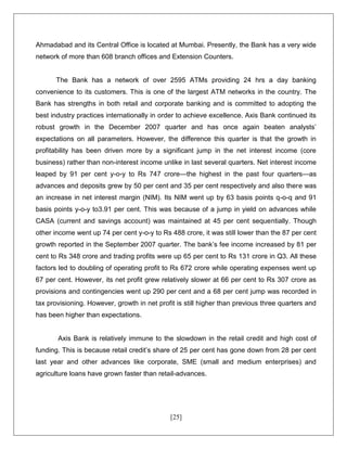 [25]
Ahmadabad and its Central Office is located at Mumbai. Presently, the Bank has a very wide
network of more than 608 branch offices and Extension Counters.
The Bank has a network of over 2595 ATMs providing 24 hrs a day banking
convenience to its customers. This is one of the largest ATM networks in the country. The
Bank has strengths in both retail and corporate banking and is committed to adopting the
best industry practices internationally in order to achieve excellence. Axis Bank continued its
robust growth in the December 2007 quarter and has once again beaten analysts’
expectations on all parameters. However, the difference this quarter is that the growth in
profitability has been driven more by a significant jump in the net interest income (core
business) rather than non-interest income unlike in last several quarters. Net interest income
leaped by 91 per cent y-o-y to Rs 747 crore—the highest in the past four quarters—as
advances and deposits grew by 50 per cent and 35 per cent respectively and also there was
an increase in net interest margin (NIM). Its NIM went up by 63 basis points q-o-q and 91
basis points y-o-y to3.91 per cent. This was because of a jump in yield on advances while
CASA (current and savings account) was maintained at 45 per cent sequentially. Though
other income went up 74 per cent y-o-y to Rs 488 crore, it was still lower than the 87 per cent
growth reported in the September 2007 quarter. The bank’s fee income increased by 81 per
cent to Rs 348 crore and trading profits were up 65 per cent to Rs 131 crore in Q3. All these
factors led to doubling of operating profit to Rs 672 crore while operating expenses went up
67 per cent. However, its net profit grew relatively slower at 66 per cent to Rs 307 crore as
provisions and contingencies went up 290 per cent and a 68 per cent jump was recorded in
tax provisioning. However, growth in net profit is still higher than previous three quarters and
has been higher than expectations.
Axis Bank is relatively immune to the slowdown in the retail credit and high cost of
funding. This is because retail credit’s share of 25 per cent has gone down from 28 per cent
last year and other advances like corporate, SME (small and medium enterprises) and
agriculture loans have grown faster than retail-advances.
 
